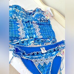 NWT BECCA Blue Patterned Bikini 2-piece Set Swim Tank Top + Bottom Size Large